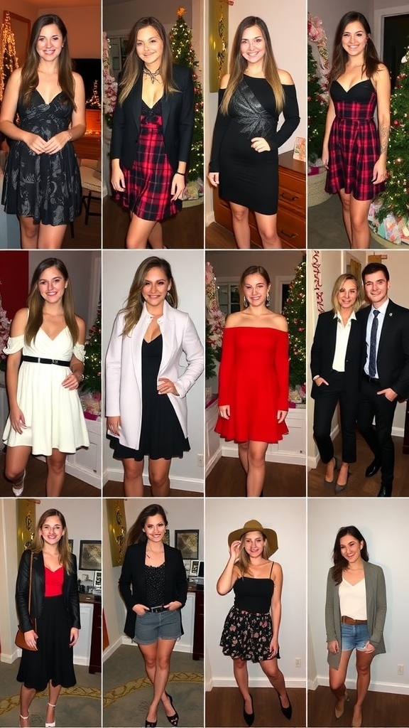A collection of trendy Christmas party outfits for young adults, including dresses, suits, and casual styles.